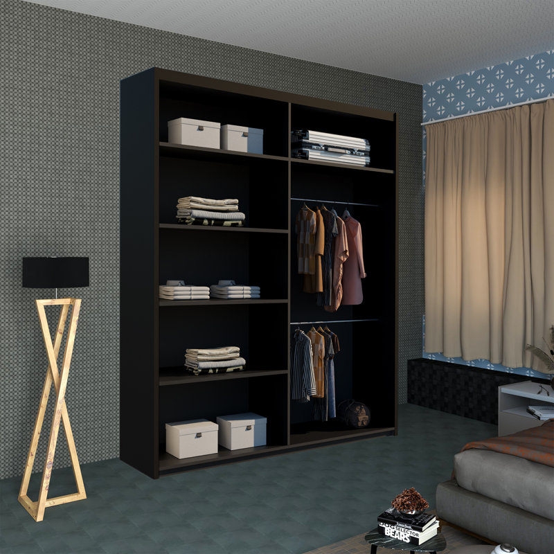 Winnipeg Double Door Sliding Mirror Wardrobe with Adjustable Shelves and Hanging Rails, Black