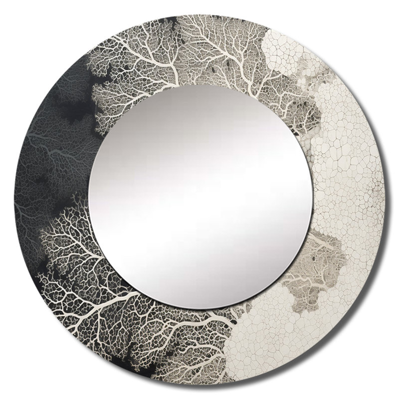 Abstrait corail noir et blanc abstrait VI - décor de miroir mural unique coraux, grand miroir rond gris, impression d'art en métal