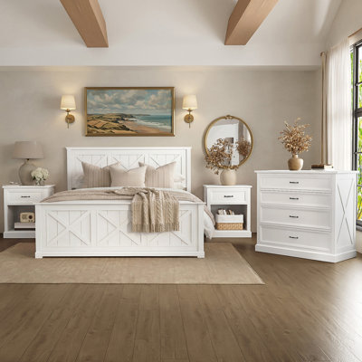 Ensemble de chambre à coucher 4 pièces, ensemble de chambre à coucher grand lit de ferme avec cadre de lit plateforme en bois, 2 tables de chevet de rangement et 1 commode