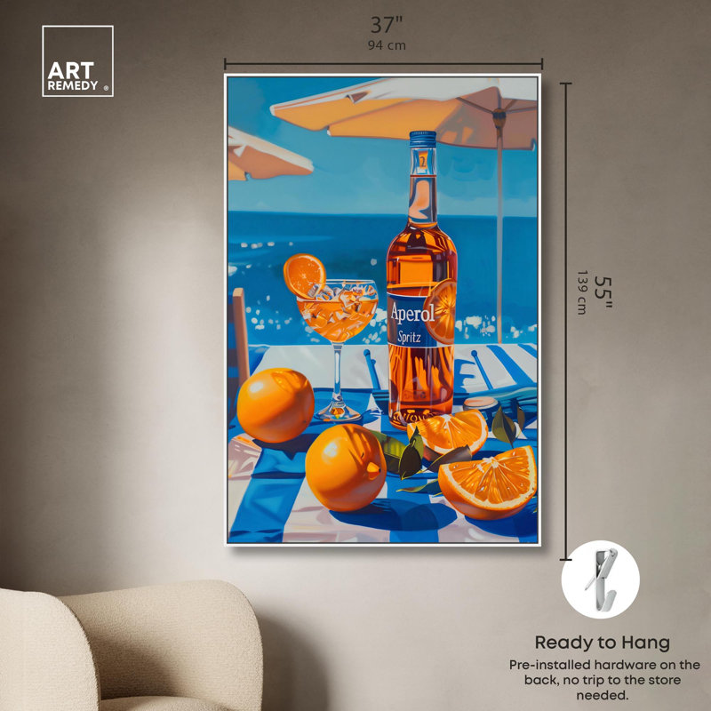 «Coastal Aperol» par Art Remedy, H 55 po x l 37 po, Cadre flottant, Blanc