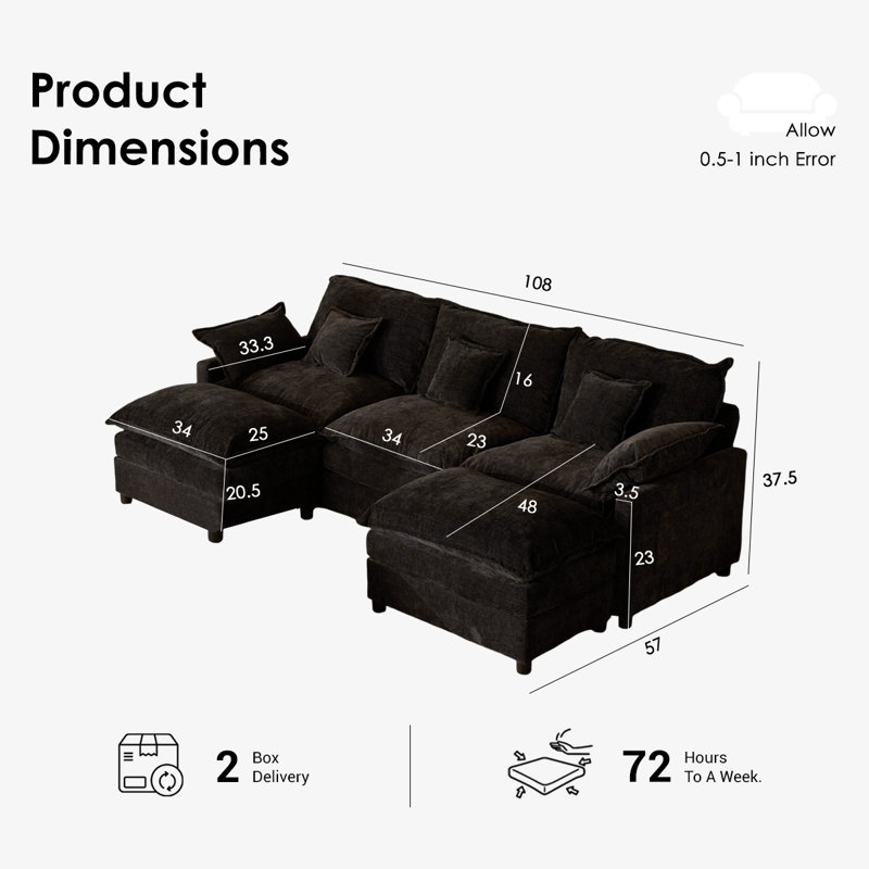 Canapé modulaire 108 po, canapé modulaire à assise profonde avec repose-pieds Cloud, canapé rembourré en chenille noir, 108"