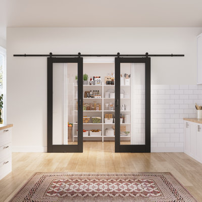 2x28in.x 80in.1 Lite Clear Glass Black Door Slab Prefinished Surface With All Barn Door Hardware Kit