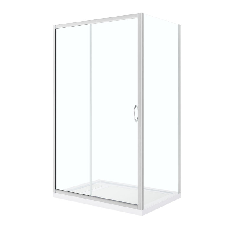 Ensemble de douche de coin droit en nickel satiné avec porte coulissante transparente et casserole L 48 po x l 32 po x H 72,83 po Breeze