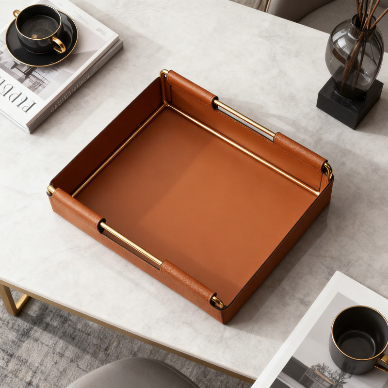 Orange Red, Litchi Skin, Medium Size,Handcrafted Leather Tray With Metal Frame - Elegant Entryway Key Organizer, Decorative Desktop Tray For Jewelry, Watches, Perfume & Essentials - Waterproof, Stain-Resistant, Easy To Clean - Nordic Style Home Decor