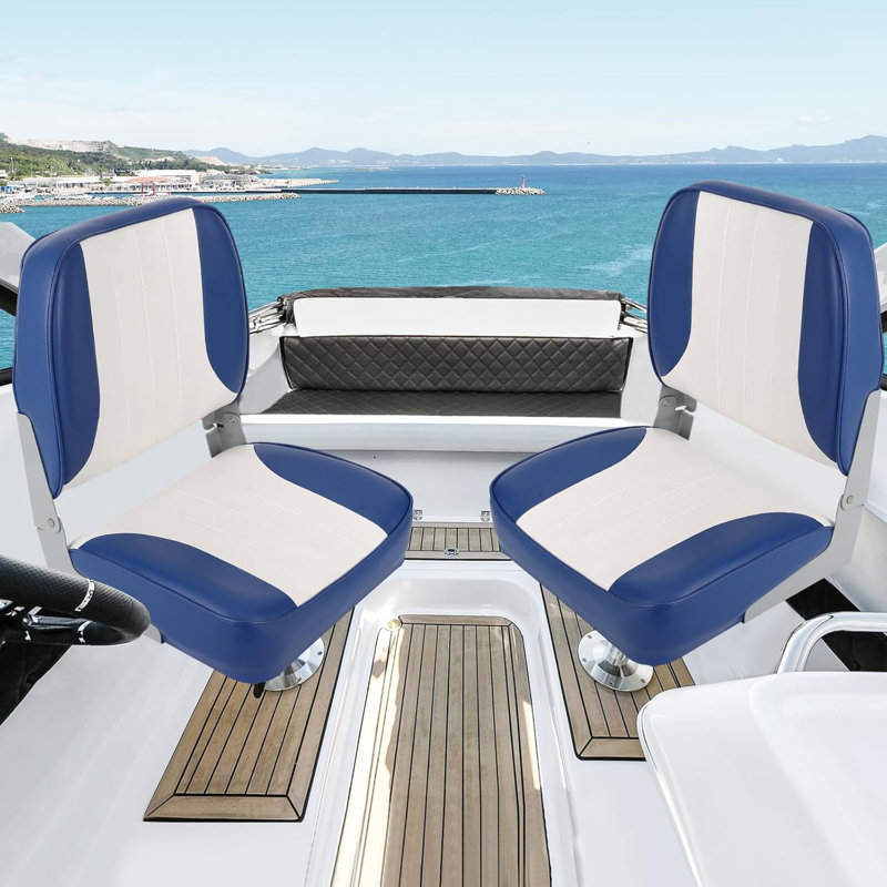 Set of 2 Folding Low Back Boat Seats, Thick Padded Weatherproof PVC Captain Chairs, Universal 5x5 Inch Bolt Design for Guardian, Speed Boats, Bass Track, Blue+White