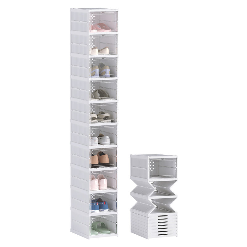 HOMCOM 10-Pack Stackable Plastic Shoe Storage Boxes with Clear Drop-Front Doors, Foldable Sneaker Organizers, White