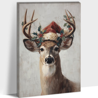 Deer Christmas Wall Art - Vintage Christmas Pictures Wall Decor, Holiday Canvas Wall Art Paintings for Living Room, Christmas Prints for Bedroom Wrapped Canvas, 12×16 inches