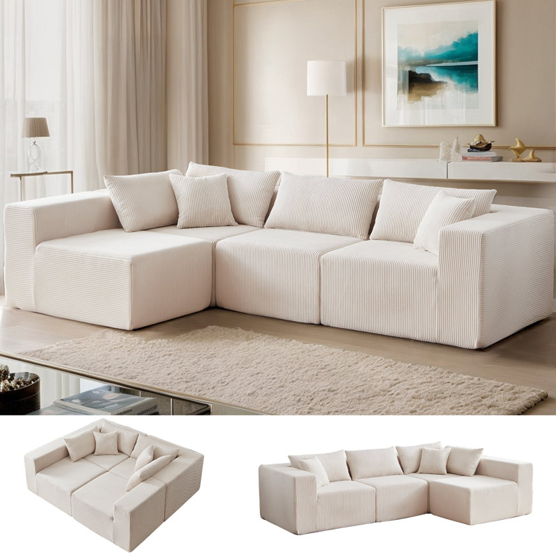 Boneless 104" Modular L-shaped Corduroy Sectional Sofa Chaise, U-Shaped Sofa Bed Sleeper with 6 Pillows, No Assembly Needed