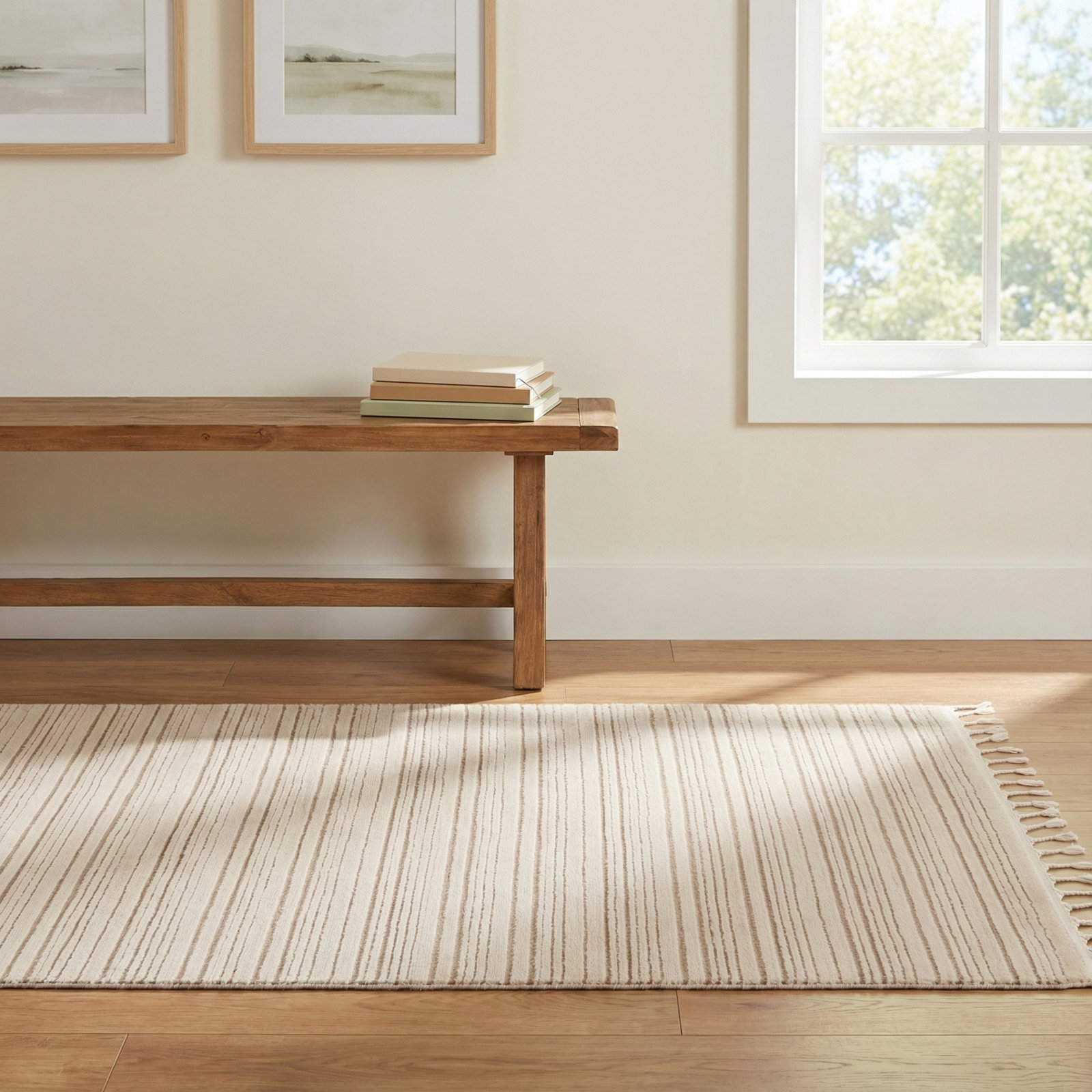 Jonie Ivory Beige Striped Rug, Rectangle 5' x 7'