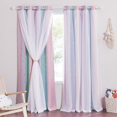  Star Colorful Blackout Curtains Bedroom Decor, Double-Layer Rainbow Stripe Window Curtain with Sheer for Kids Nursery (2 Panels, Tiebacks Included,Adult)