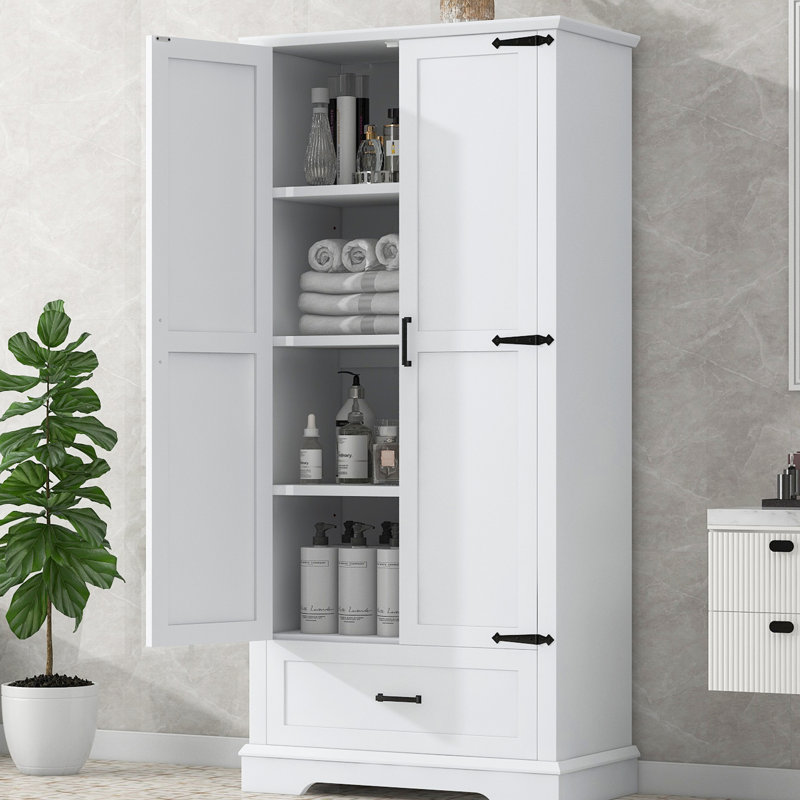 White Tall Cabinet - , 2 Doors, 1 Drawer, Adjustable Shelf, Ample Storage Space, Tipping Protection Mechanism Bathroom White, Shelves, Feature Assurance