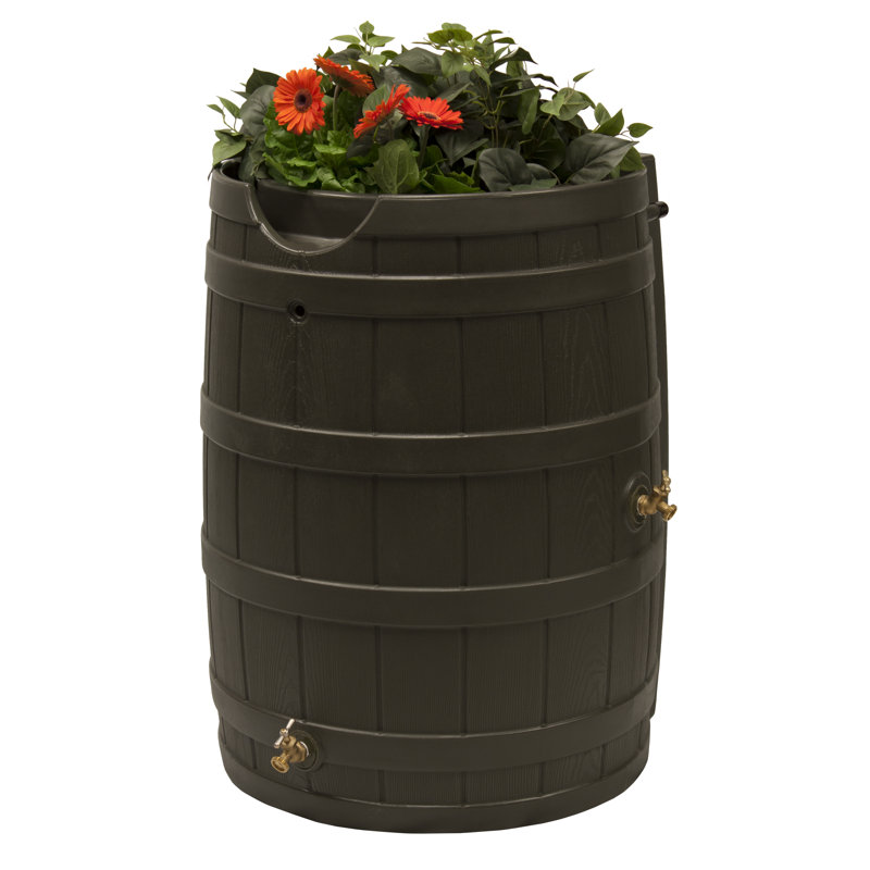 Good Ideas 65 Gallons Plastic Drainable Dual Overflow Planter Rain Barrel, Oak
