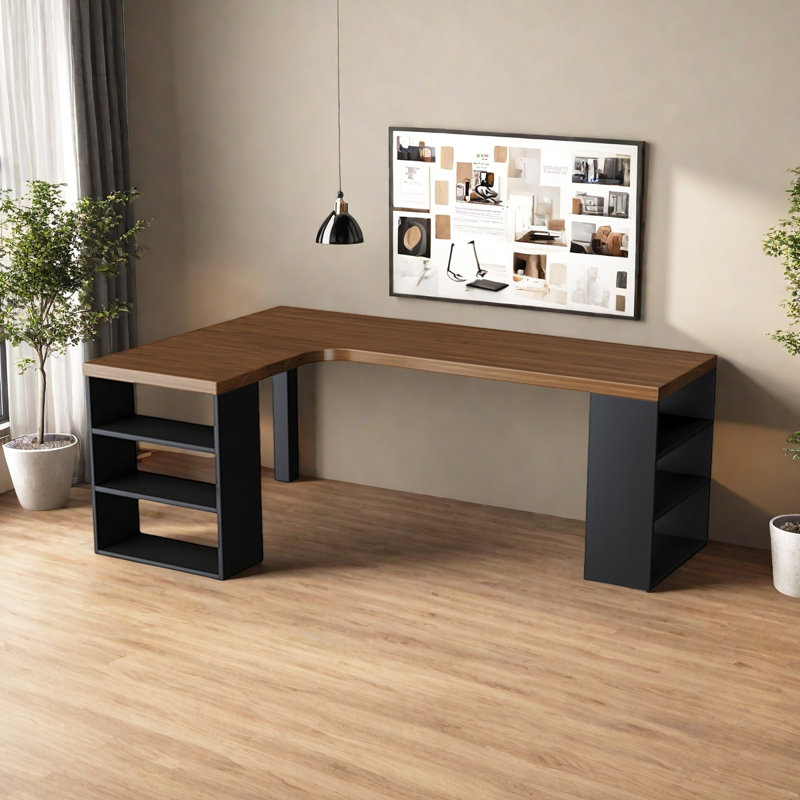 Bureau en L en bois massif avec bibliothèque, H 29,53 po x l 62,99 po x P 47,24 po