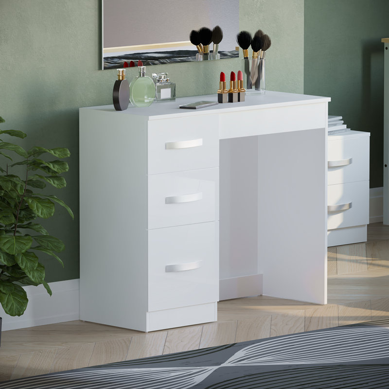 Arkadij 3 Drawer High Gloss Dressing Table, Bedroom Vanity Desk, White