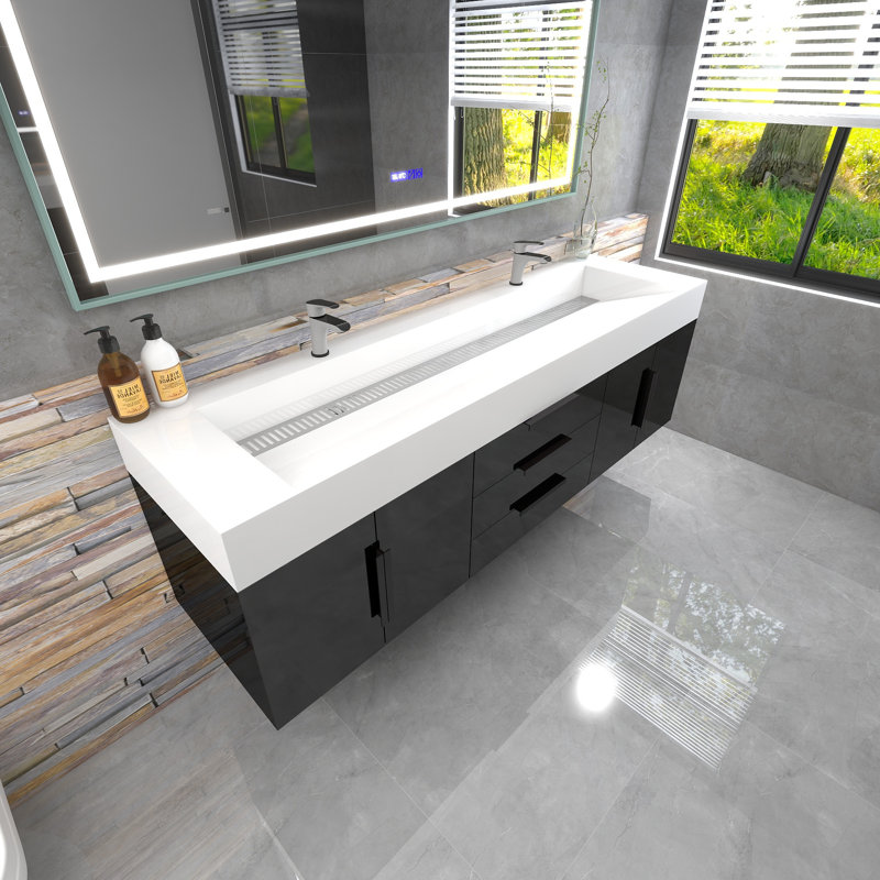 Finition du meuble-lavabo mural simple 72 po Jessica: chêne blanc, Noir brillant
