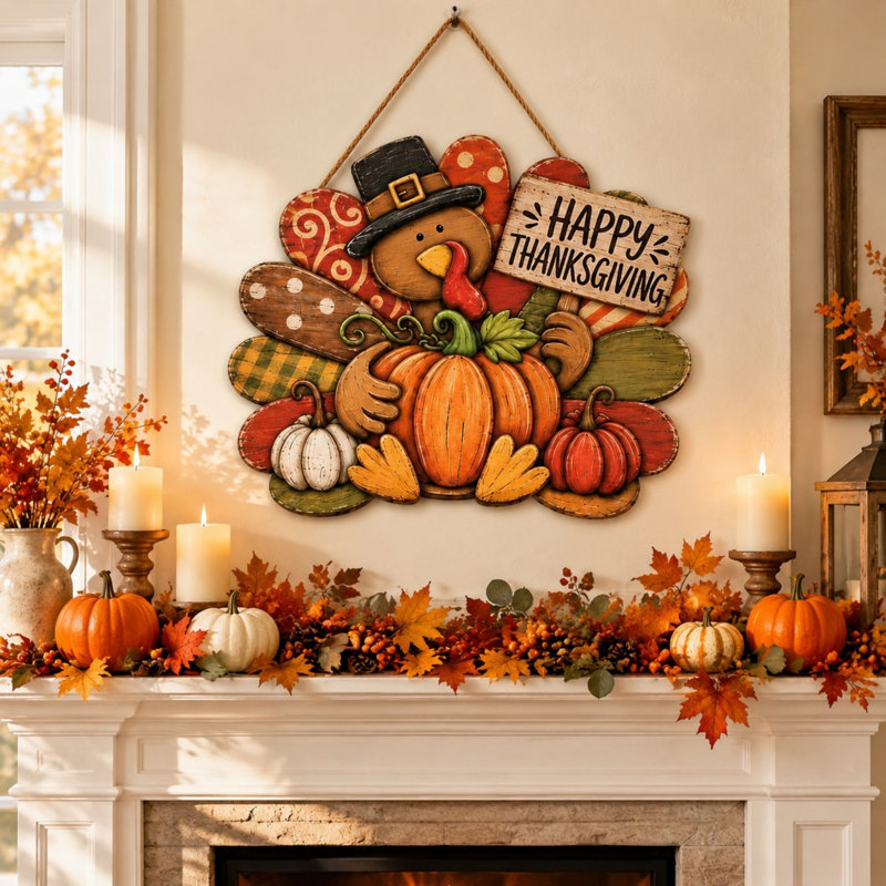 Panneau de porte «Happy Thanksgiving», décoration d'automne rustique citrouille en bois