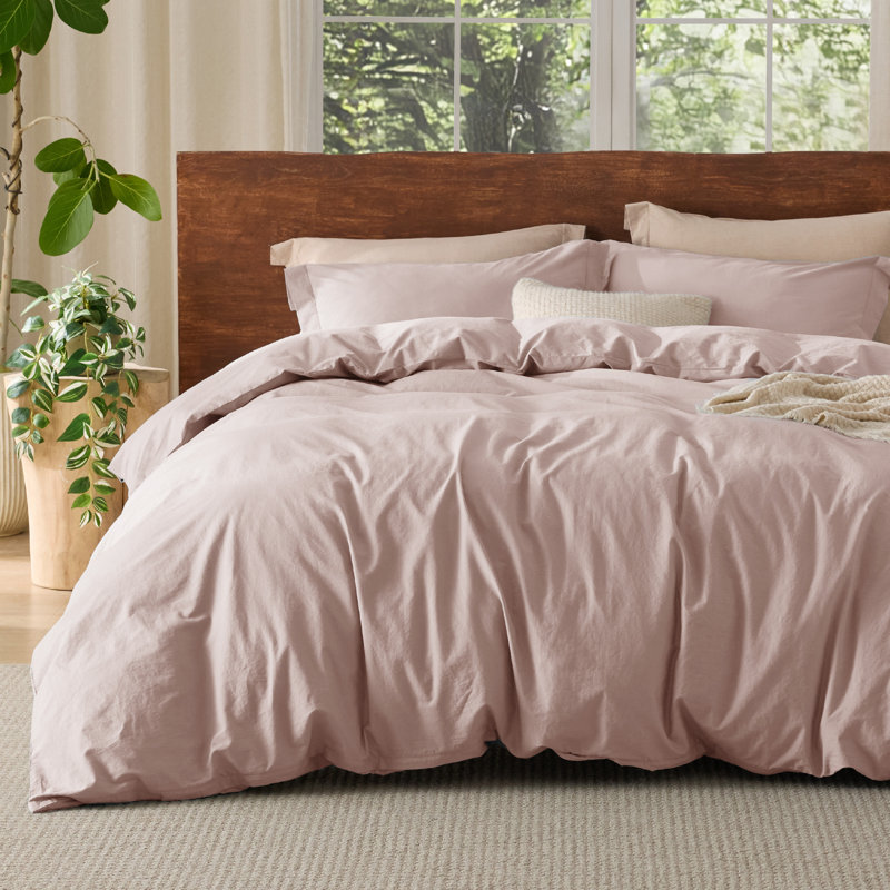 Bedsure 100% Washed Cotton Duvet Cover Set, Full Duvet Cover + 2 Shams(20"*26"), Rose Pink