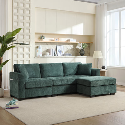 Modern Storage Sofa With Dual Usb, 2 Side Pockets,Ottoman Storage Bench Cloud Sectional Chenille Sofa Oversized,4-Seat, L-Shaped Couch,Green