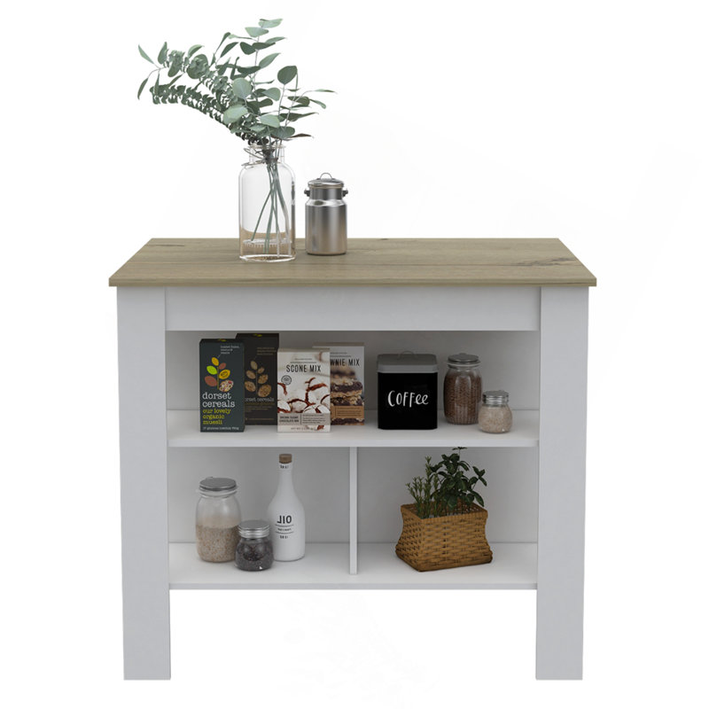 Îlot de cuisine, table de cuisine H 35 po, trois tablettes de rangement ouvertes, quatre pieds