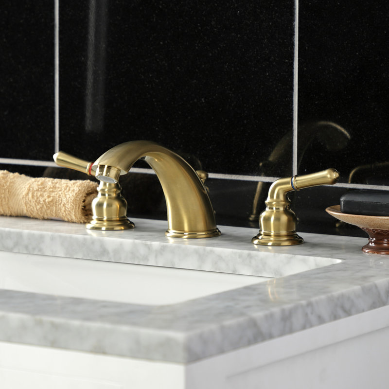 Kingston Brass Magellan Two-Handle 3-Hole Deck Mount Widespread Bathroom Faucet with Retail Pop-Up Drain, Satin Brass