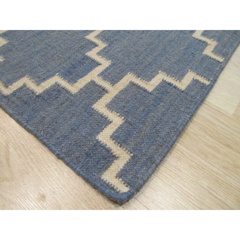 Blue Flat Weave Wool Stepped Diamond Lattice Geometric Modern Contemporary Carpet Rug, 8' x 10'
