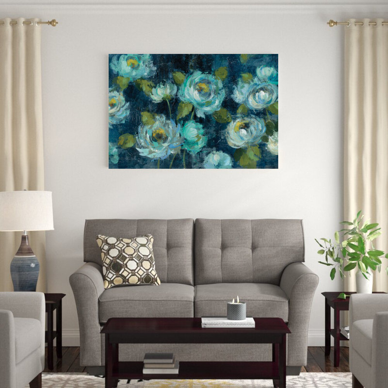 «Indigo Mums» par Silvia Vassileva - peinture sur toile tendue, H 32 po x l 48 po