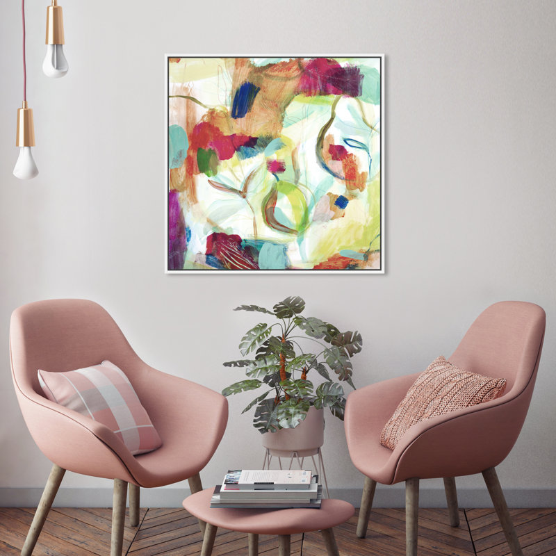 Abstrait blanc / mauve / vert Amazonie I - peinture, H 24 po x l 24 po, Toile encadrée, Blanc