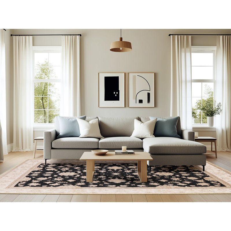 Tapis oriental ivoire / noir Chen, Rectangle 6 pi x 9 pi