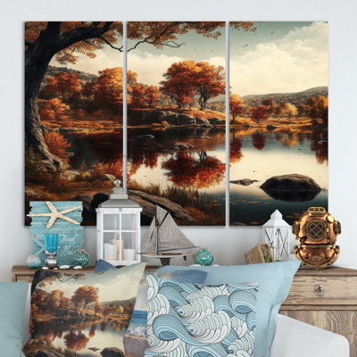 «Lake Reflecting of Beautiful Autumn Mountains VI - Landscape Cottage», ensemble d'art mural sur toile