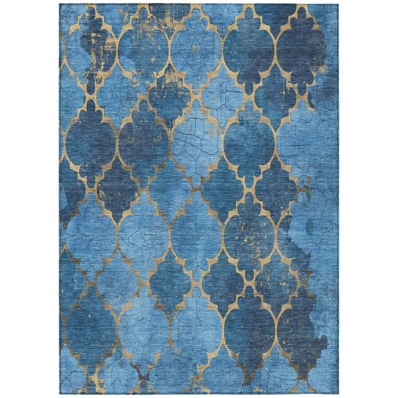 Machine Washable Indoor/Outdoor Xhevrie Blue Rug, Rectangle 2'6" x 3'10"
