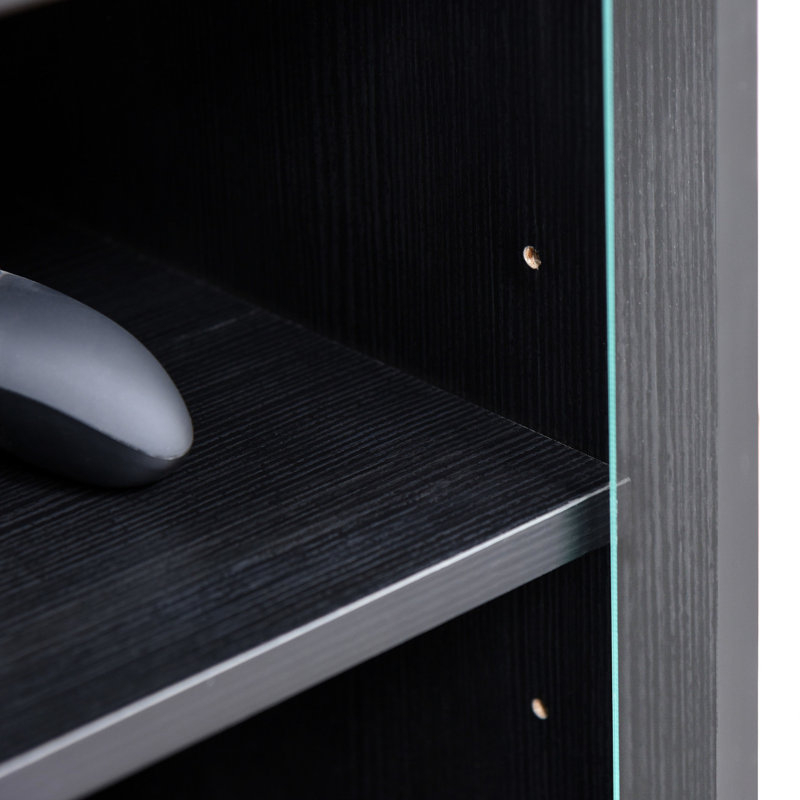 5 Media Storage Cabinet, Distressed Black. Tempered Glass Doors, Adjustable Shelves. Holds Player, Receiver, Gaming Console, Laptop, Books. Arranges Cables Logically Stand With Shelves And Cable