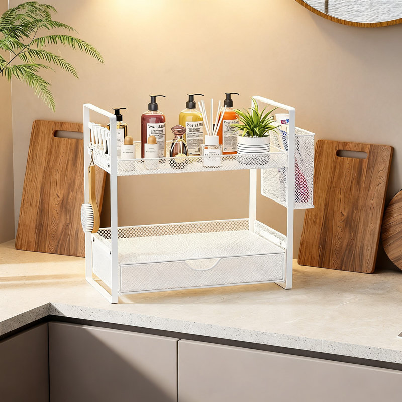 2 Tier Bathroom Countertop Organizer with Drawer and Hooks (White), White