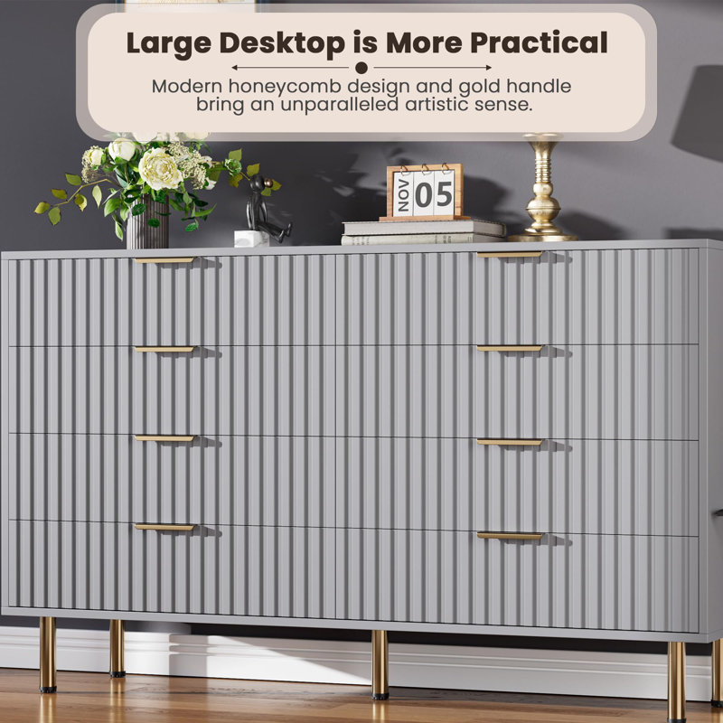 55" Fluted 8 Drawer Dresser For Bedroom, Deep Drawers, Gray