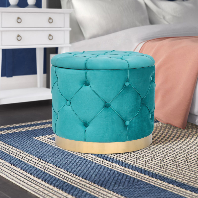18.9" Wide Tufted Round Storage Ottoman, Teal Velvet