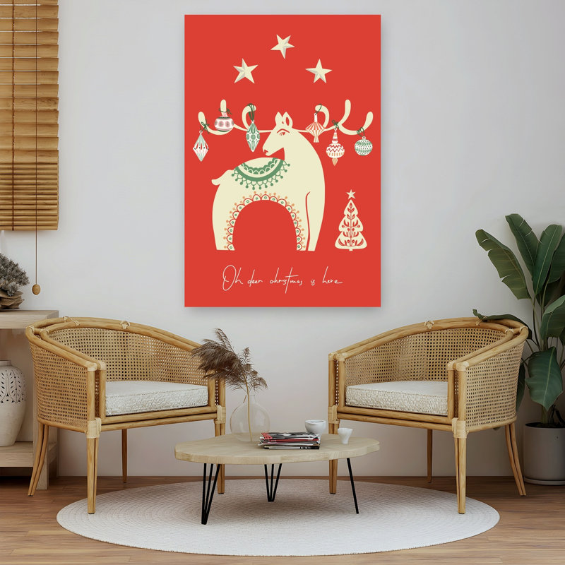 Oh Deer Christmas Is Here Red Bold Minimalist Playful Deer Winter Wall Art Print 1 Piece Wrapped Canvas Wall Art