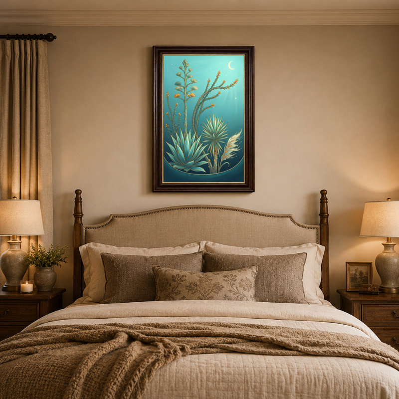 Toile agave sarcelle et yucca avec croissant de lune, art mural sur toile, 24"H x 16"W