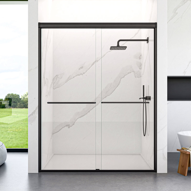 56"-60"W*72" H Semi-Frameless Double Sliding Shower Door, Bypass Shower Door, 1/4" (6Mm) Thick Sgcc Tempered Glass Door, Matte Black