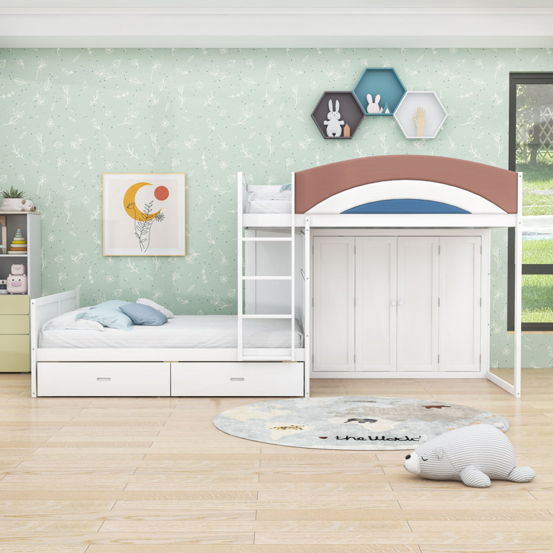 Lit superposé double en bois avec 2 tiroirs et garde-robe, Blanc