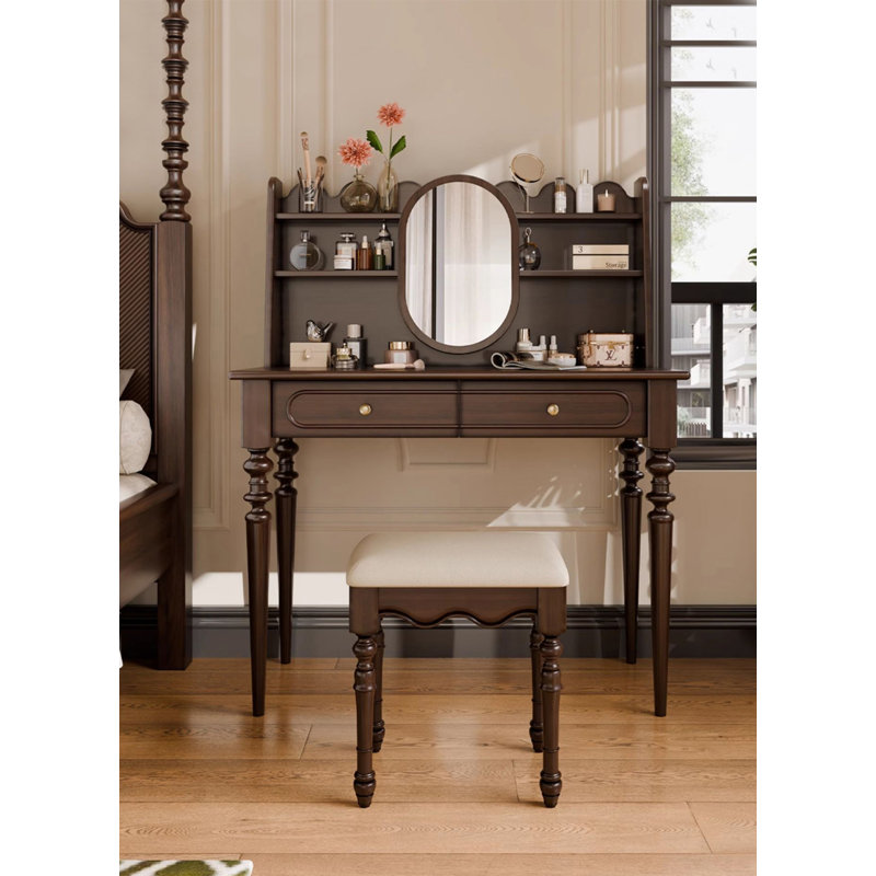Vintage American Solid Wood Vanity Table With Storage Shelves And Matching Stool For Bedroom