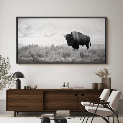 Cow " Monochrome Bison In The Plains Rustic Retro Art Decor Extra Large Artwork Pictures "