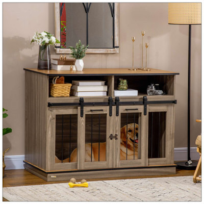 Meuble de cage pour chien de grande taille ou double chenil pour chien avec tablettes, portes coulissantes, 47 po x 23,5 po x 35 po