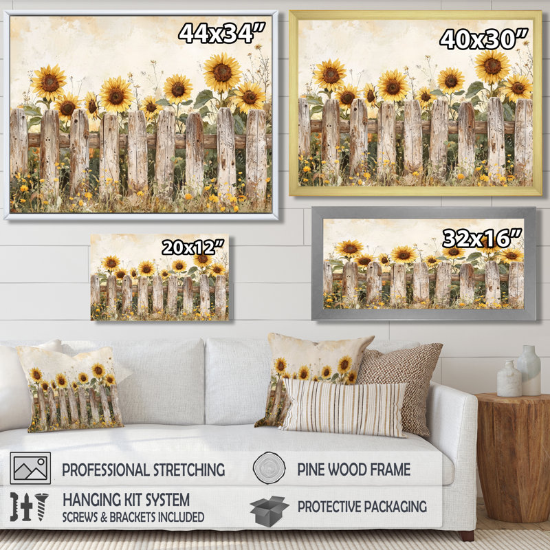 Dorathea tournesols le long de la clôture de la ferme II - tournesols, art mural, H 24 po x l 32 po, Noir, noir, noir, noir