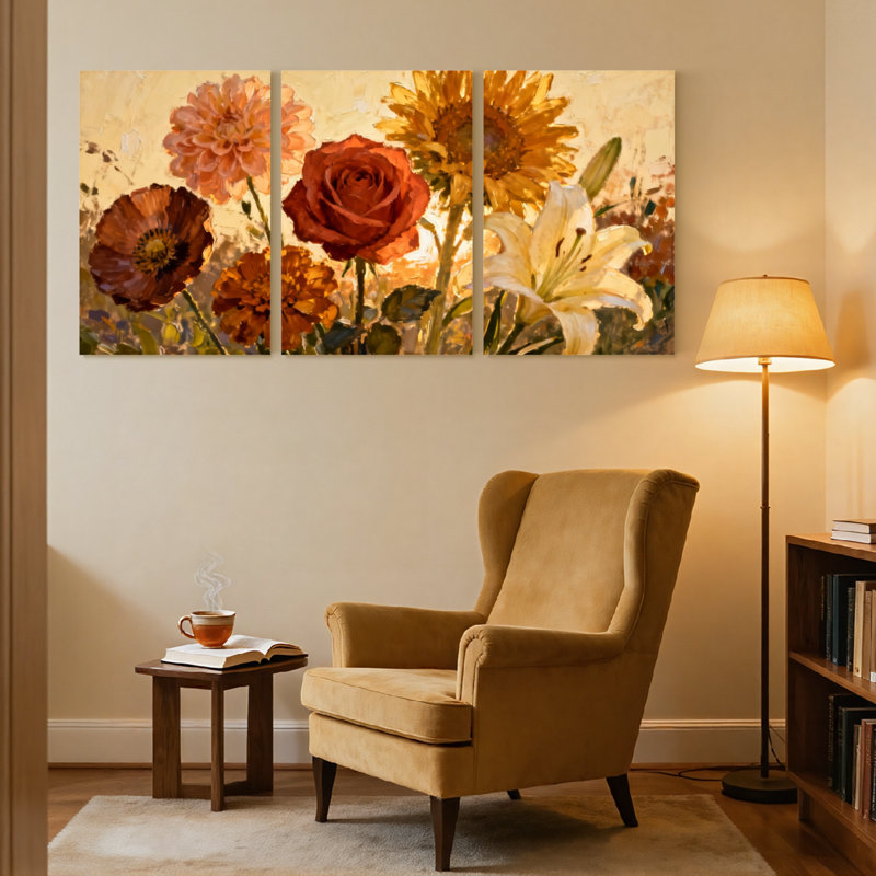 Plantes et fleurs, ensemble de 3 impressions murales sur toile aux tons chauds et fond doux, H 36 po x l 72 po