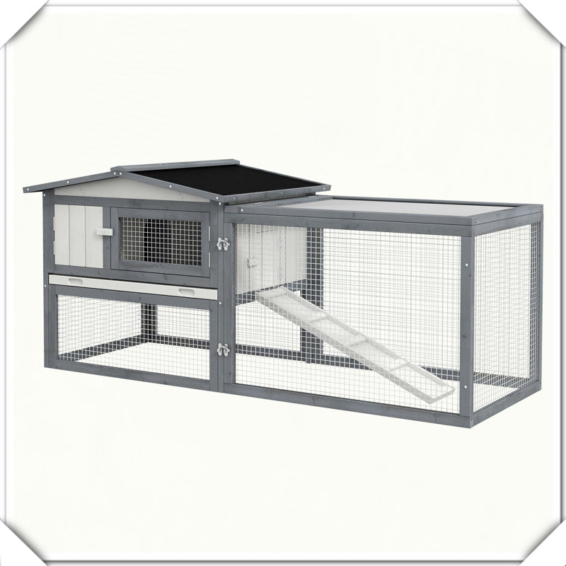 Grande cage à lapins en bois avec toit en asphalte et rampe à 2 niveaux, Blanc