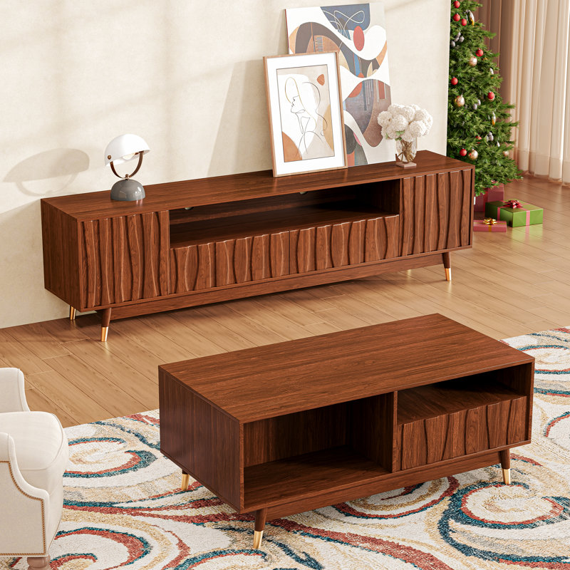 Meuble audio-vidéo avec console et meuble-lavabo de style Mid-Century en bois avec tiroirs et rangement pour le salon, brun