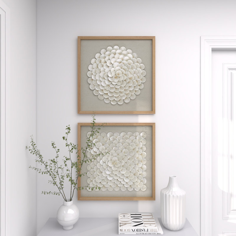 2 Piece Cream Shell Handmade Overlapping Shells Geometric Shadow Box with Canvas Backing Set