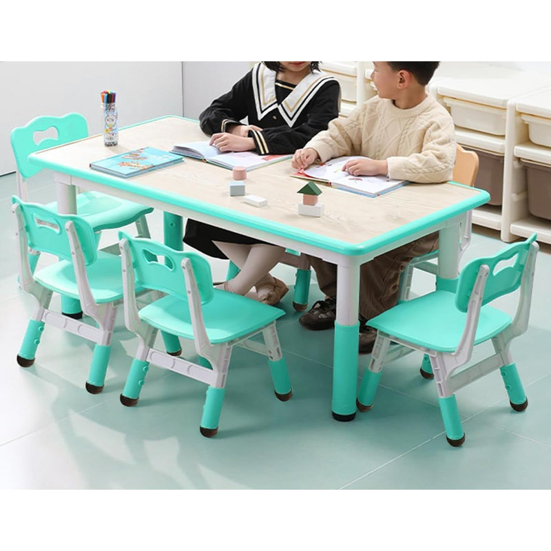 Ensemble de table et de chaises pour enfants, bureau à hauteur réglable avec 6 sièges, Bleu lac