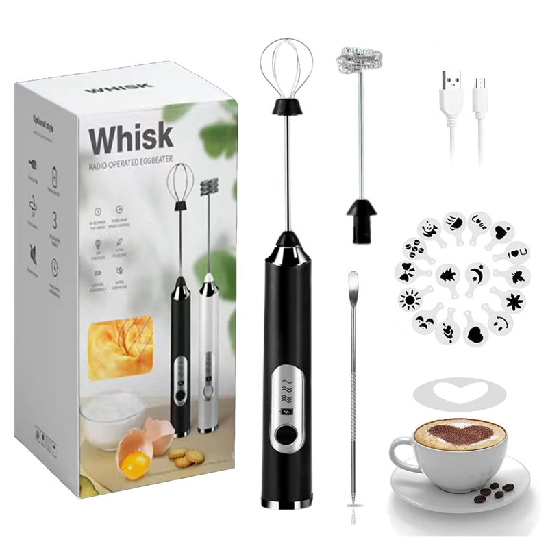Rechargeable Milk Frother 3-Speed Handheld Coffee Mixer 2 Whisks Black, Black