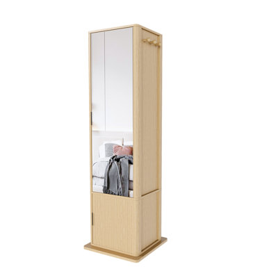 360° rotating makeup cabinet, jewelry cabinet with a full-length mirror, standing storage cabinet with a coat rack, 4 layers of open shelves and 2 layers of built-in shelves, walnut