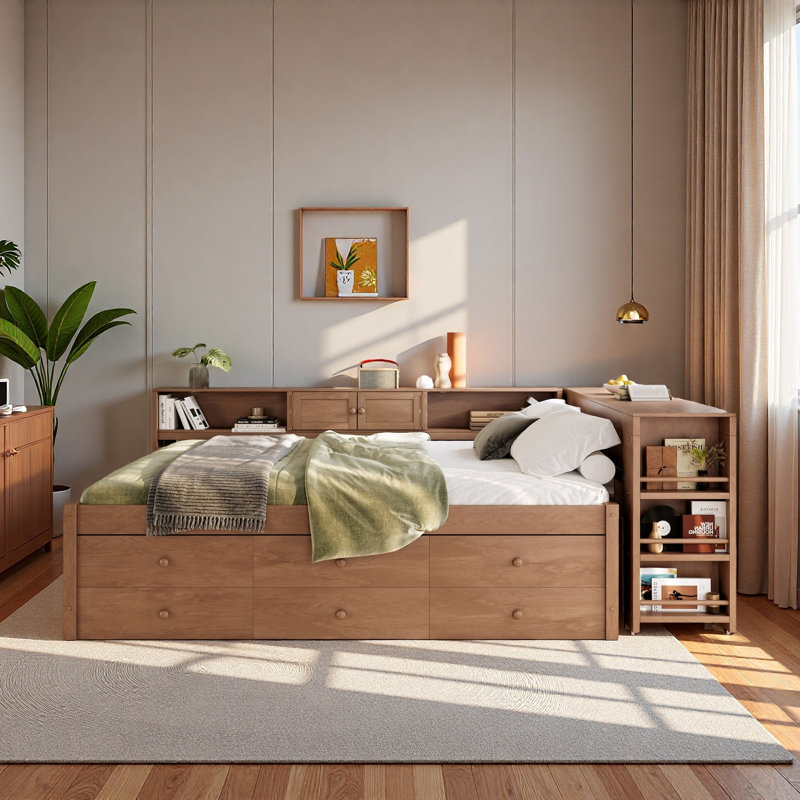 Wood Daybed With Storage Drawers, Side Shelves, Desk And Trundle, Full/Double, Vintage Brown